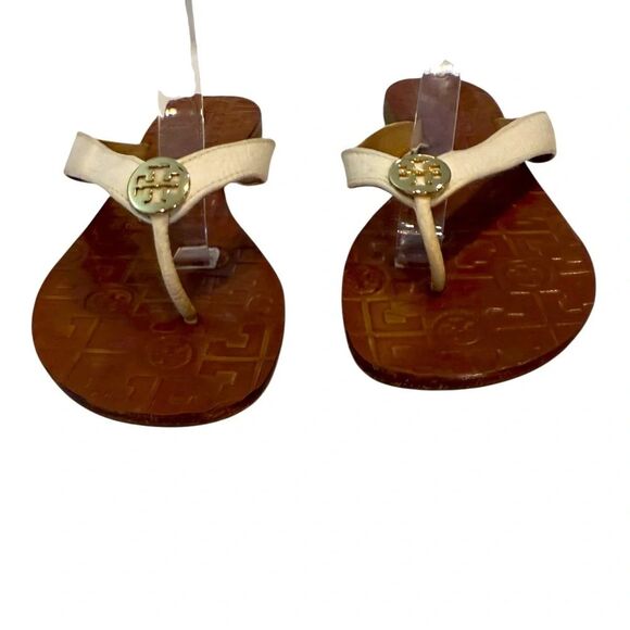 Tori Burch Women's Thora Leather Sandals Flat Thongs White Gold Logo Size 10 - Picture 2 of 6